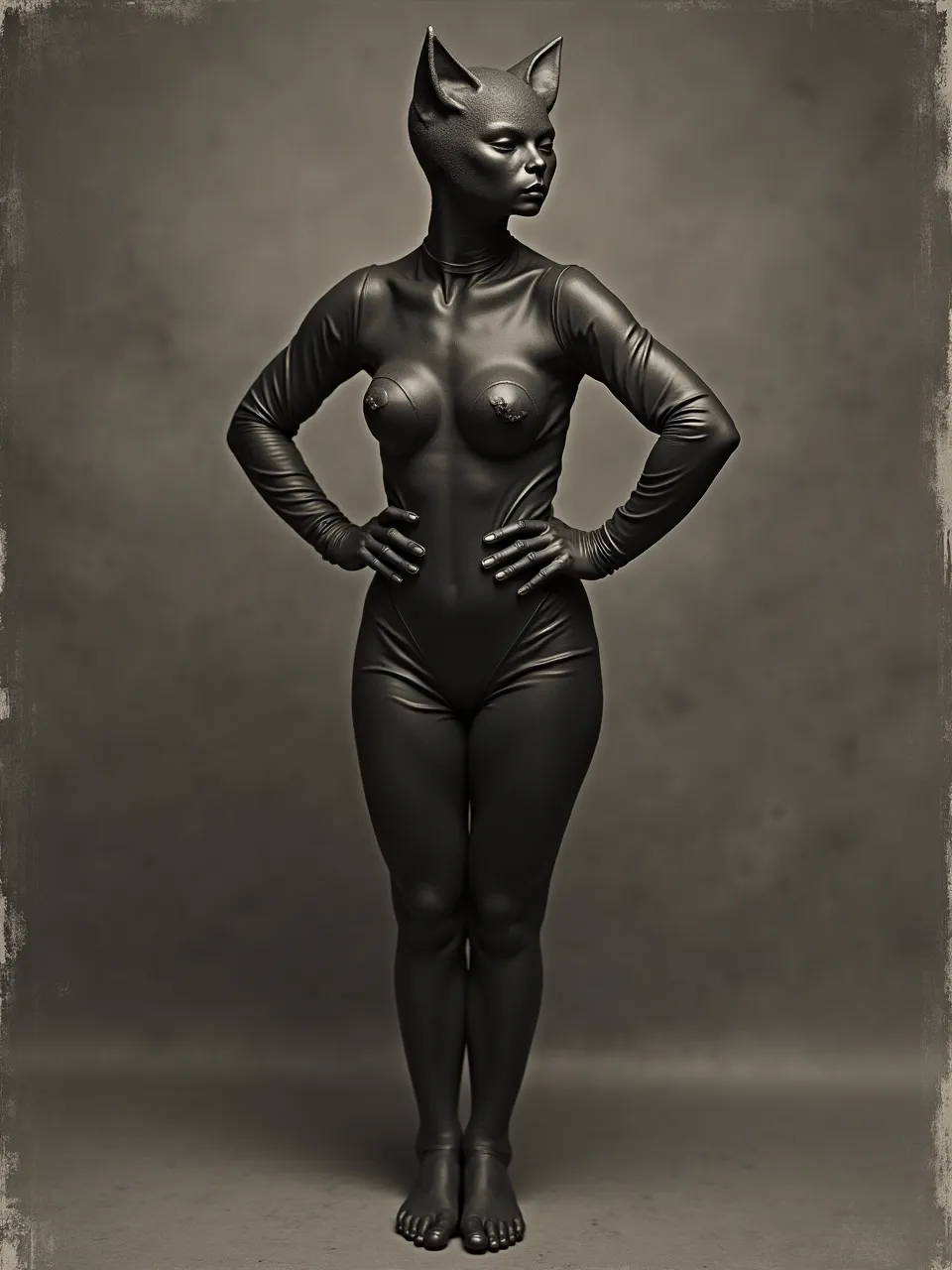 This Catwoman, envisioned in Lucian Freud's raw style, features dramatic lighting, rich, tactile textures, and a powerful, painterly realism in this monochrome digital artwork.
