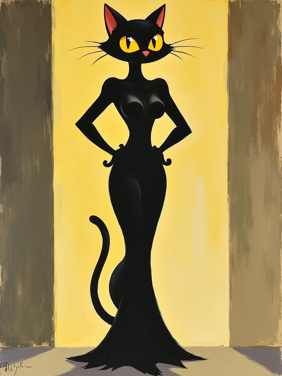 This vibrant Catwoman generation, in Ludwig Bemelmans' signature style, features stark flat lighting. Visible brushstrokes create dynamic textures, evoking an engaging acrylic painting.
