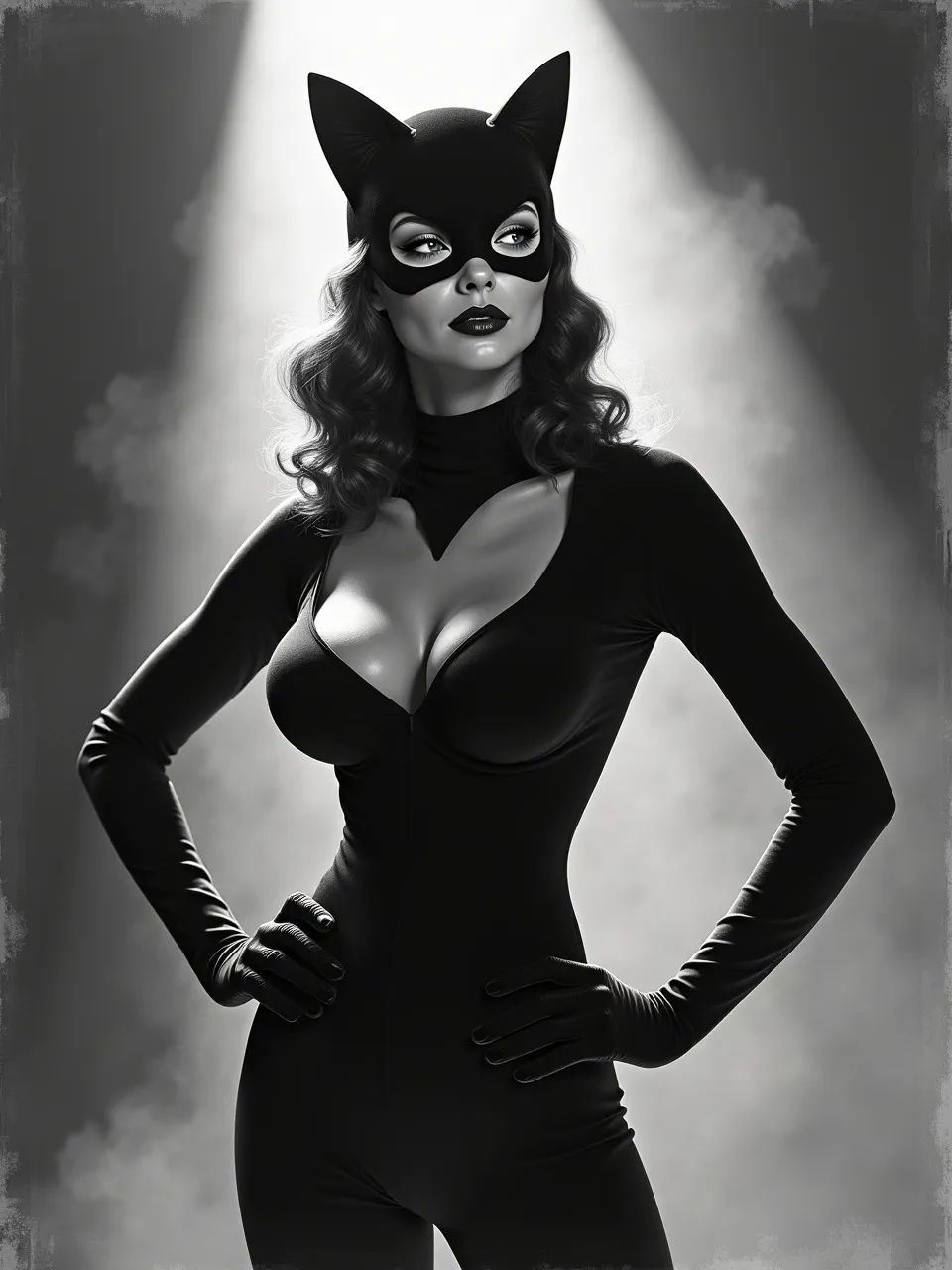 This stunning Catwoman AI art, inspired by Lynd Ward's woodcut graphic novel style, features dramatic chiaroscuro lighting and intricate, textured monochromatic rendering.