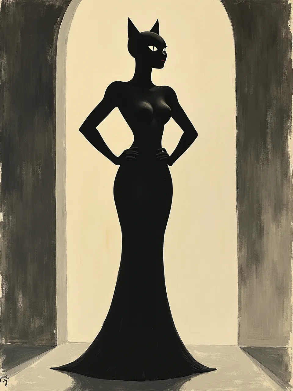 This striking Lyonel Feininger-inspired Catwoman artwork features dramatic backlighting, emphasizing painted textures and geometric forms. A captivating modernist painting with stark black and white contrasts.
