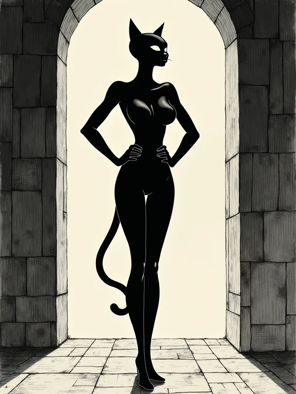 This M.C. Escher-style Catwoman presents a dramatic noir silhouette with stark backlighting. Etched textures and brilliant contrasts define this captivating printmaking artwork, highlighting its unique artistic medium.