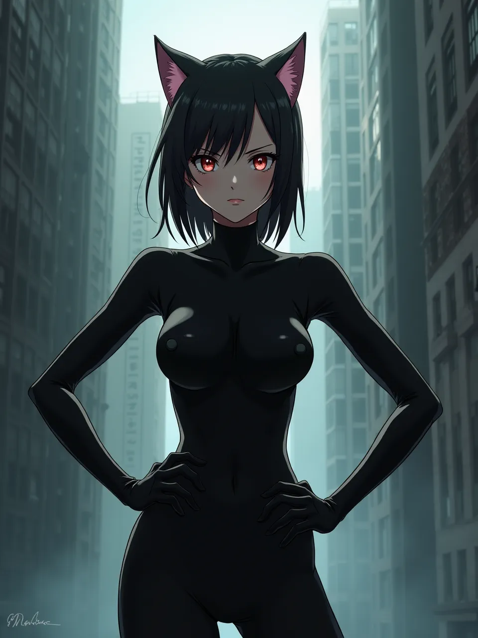 Makoto Shinkai's cinematic lighting beautifully illuminates this Catwoman digital anime masterpiece. Exquisite textures define her sleek suit against a vibrant, atmospheric cityscape backdrop.