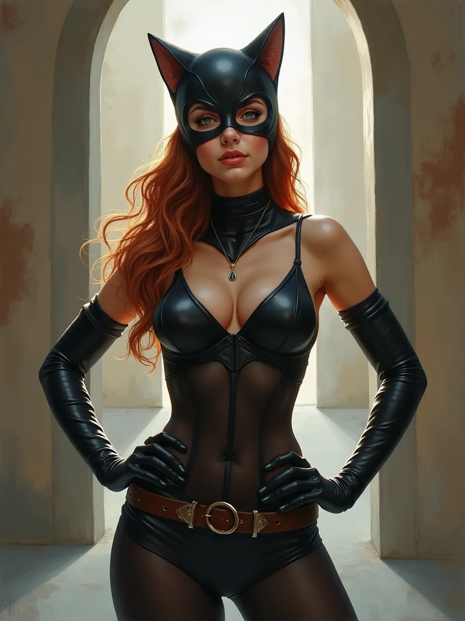 This striking Catwoman generation, influenced by Mandy Jurgens, showcases exquisite digital art with dramatic lighting, realistic leather textures, and a captivating photorealistic render.