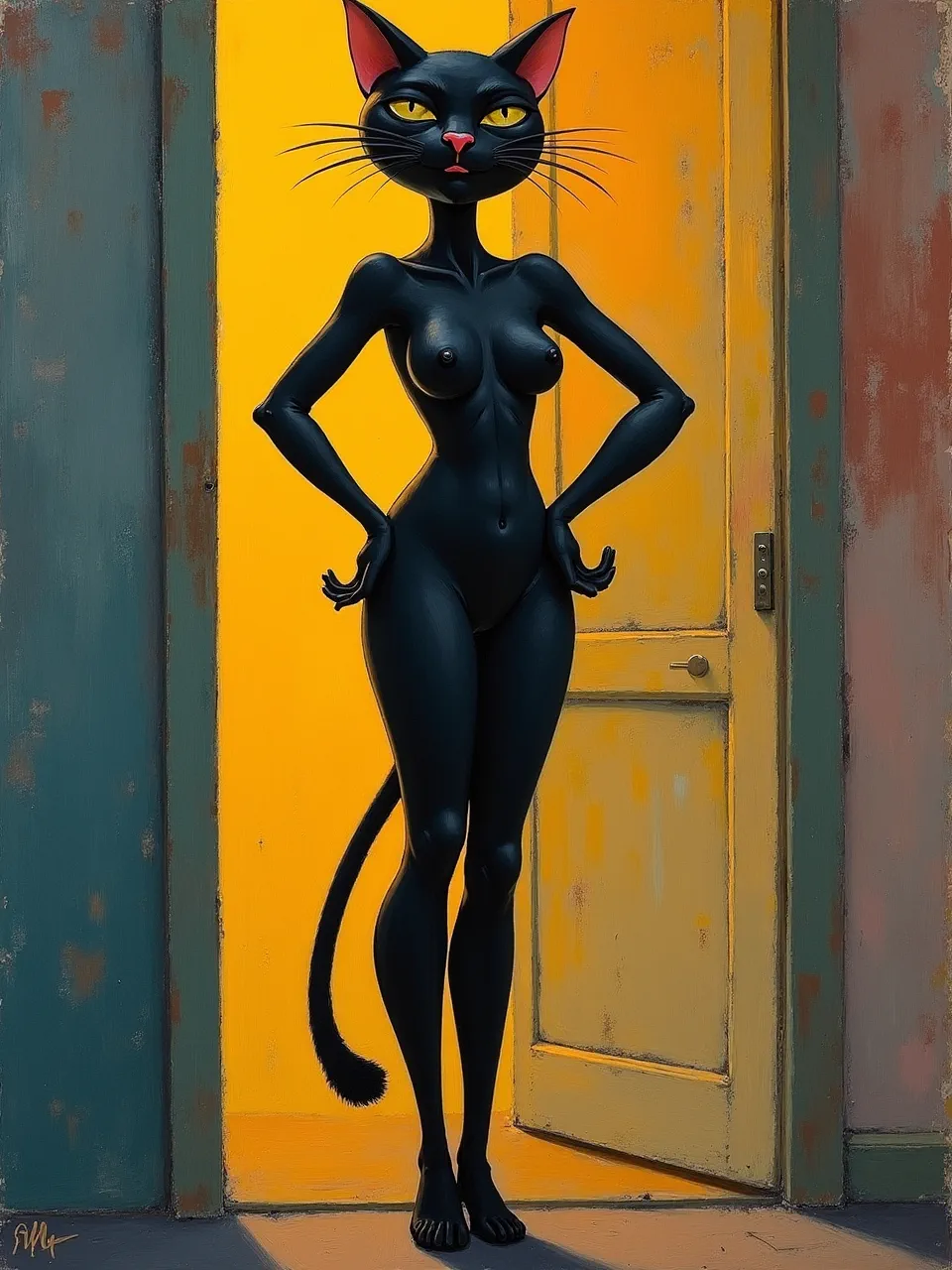 This stunning Marc Chagall-inspired Catwoman digital painting features dramatic backlighting, vibrant yellow hues, and rich, textured brushwork, merging iconic character design with surreal artistry.