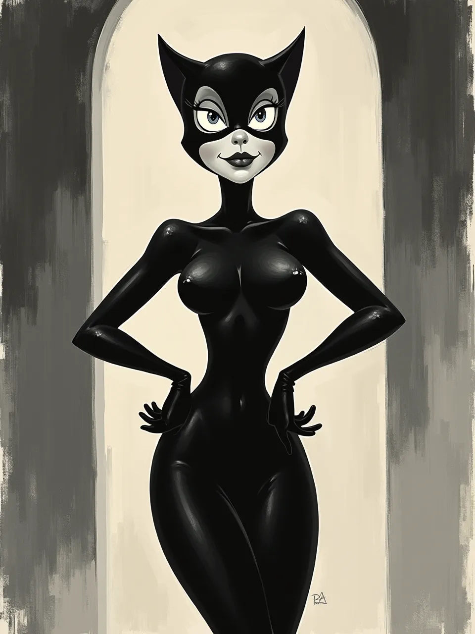This stunning Marc Davis-inspired Catwoman digital painting showcases dramatic lighting on her glossy, sleek suit. Classic animation textures define this iconic character, captured expertly in the timeless artistic medium.