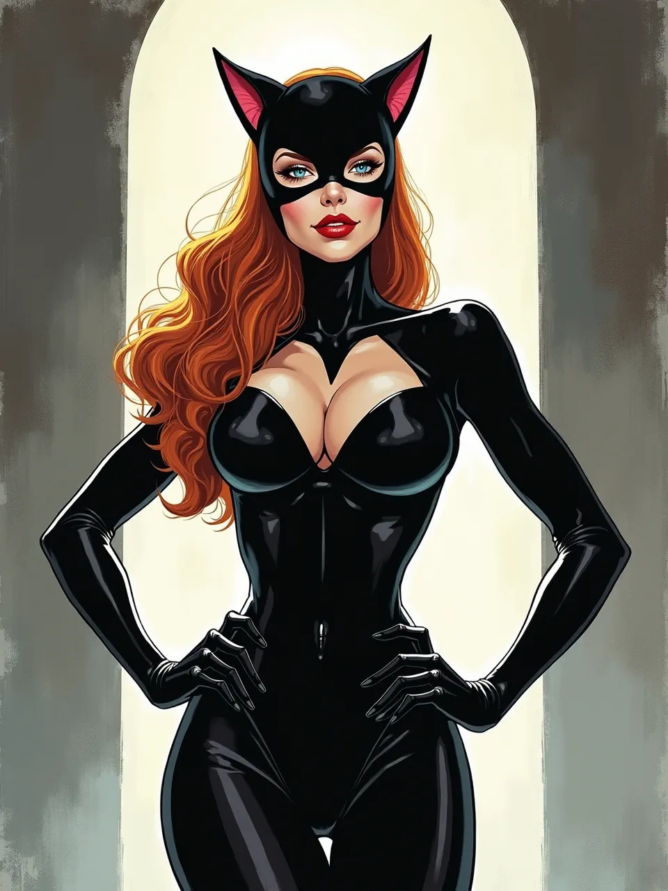 This stunning Catwoman digital illustration, echoing Marc Silvestri's style. Dramatic backlighting highlights the glossy latex textures and vibrant rendering, creating an iconic comic book image.
