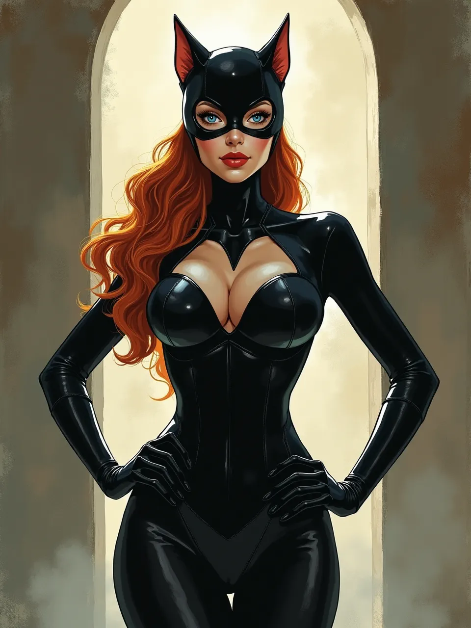 This stunning Flux AI rendition of Catwoman in Marc Simonetti's style is a vibrant digital painting, showcasing dramatic backlighting and realistic, reflective textures, truly emphasizing her sleek, iconic suit's allure.