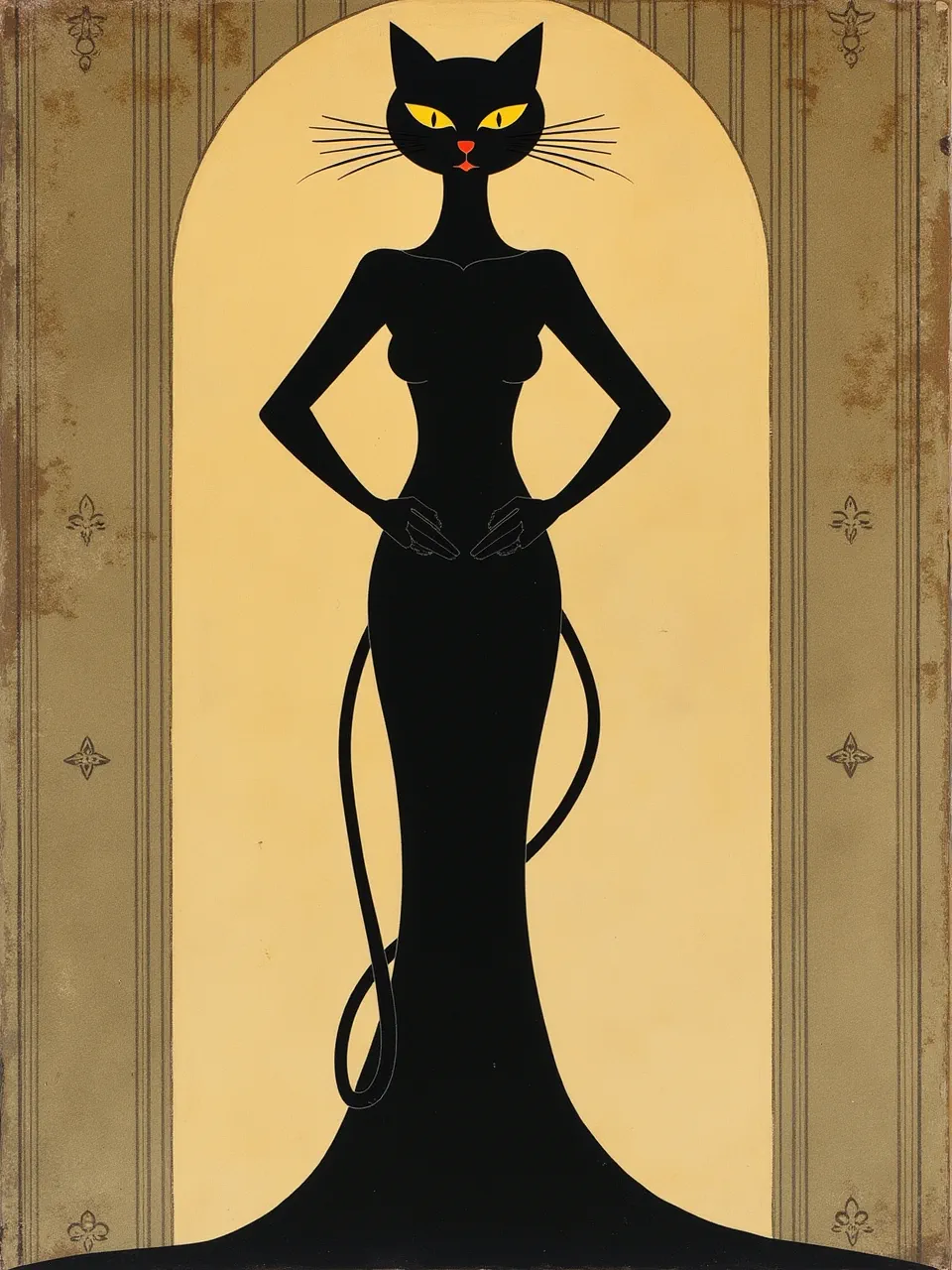 This elegant Margaret MacDonald Mackintosh Catwoman graphic illustration features striking flat lighting and subtle, minimalist textures. It embodies iconic Art Nouveau allure, a refined digital artwork.