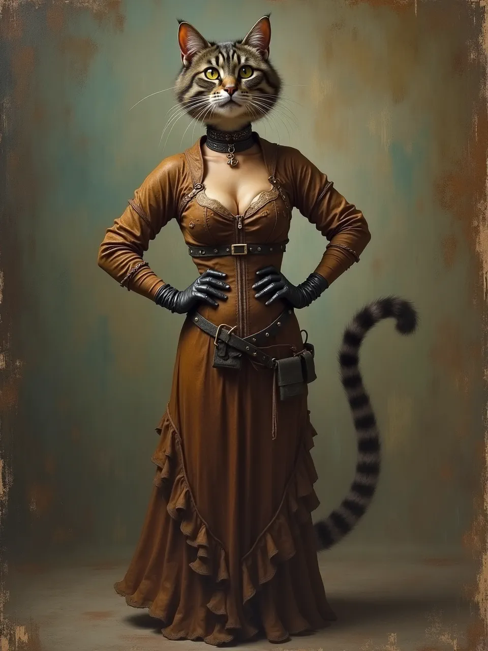 This captivating Catwoman figure, infused with Margaret Olley's painterly influence, showcases rich textures and luminous lighting. A unique digital art piece, it highlights tactile leather through its distinct artistic medium.