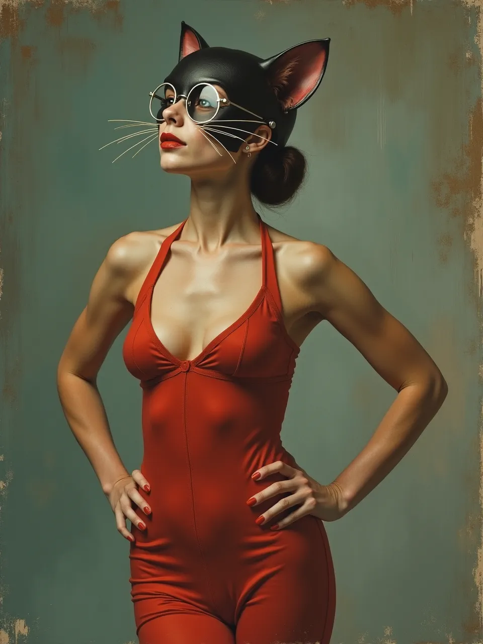Flux AI's Catwoman, in Maria Lassnig's style, features luminous lighting and evocative painterly textures. A captivating digital art portrait highlighting the artistic medium's depth.
