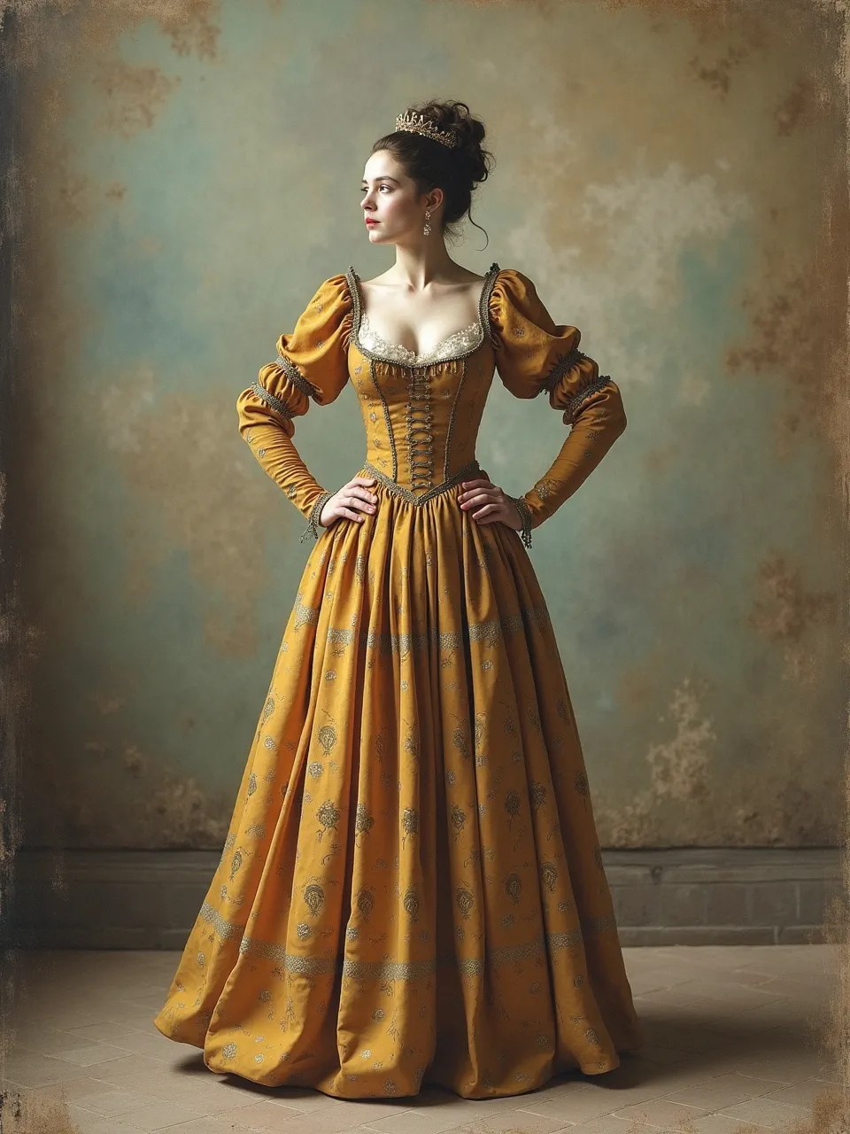 This Flux AI image presents a regal Catwoman in Maria Sibylla Merian's style. Exquisite lighting illuminates rich, historical oil painting textures: patterned gown, delicate lace, and weathered background detail.