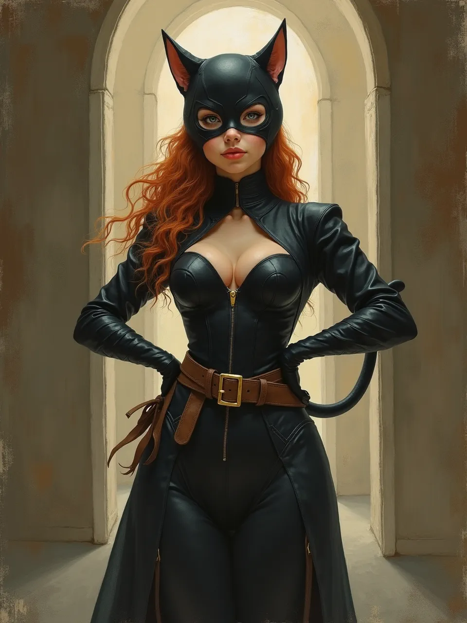 This Flux AI Catwoman, presented in Marianne North's vibrant oil style, showcases exquisite lighting and realistic leather textures, a captivating digital art medium fusion.