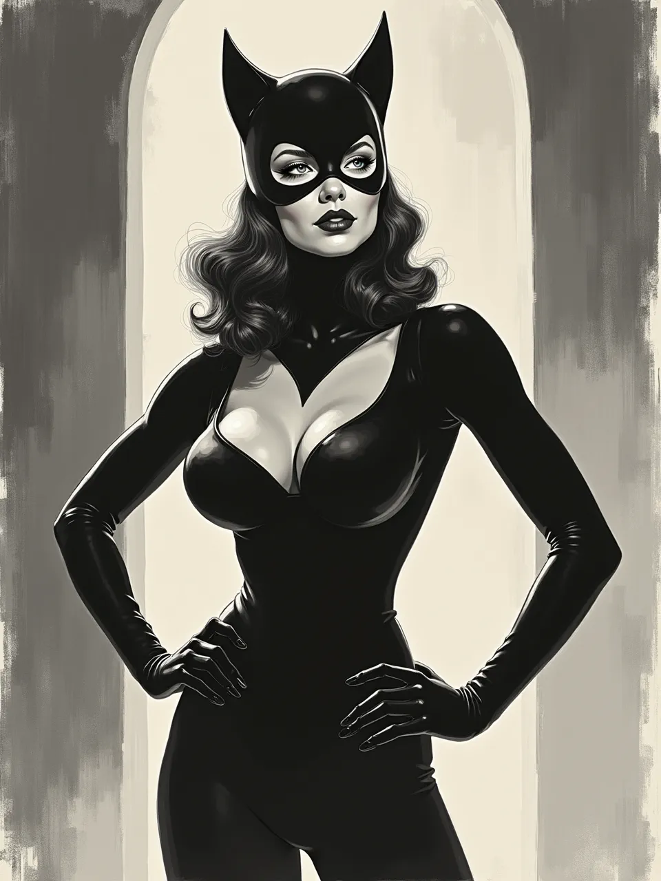 Marie Severin's classic style defines this stunning Catwoman digital art. Dramatic lighting highlights glossy textures of her iconic black suit, a sleek black and white comic medium generation.