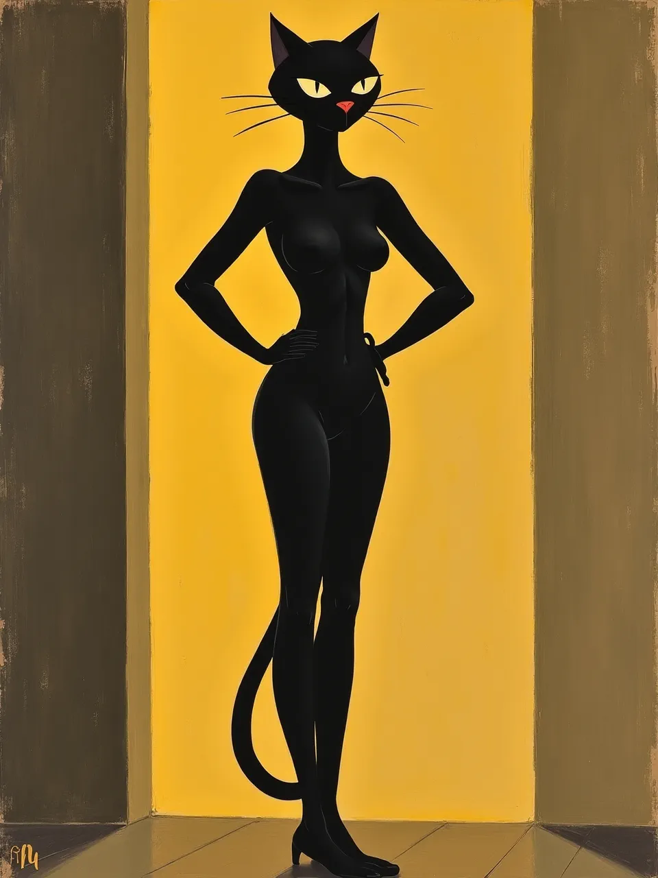 This Marius Borgeaud-inspired Catwoman generation features bold lighting illuminating sleek textures against a vibrant yellow, mimicking oil painting on canvas. A striking, SEO-rich AI artwork.