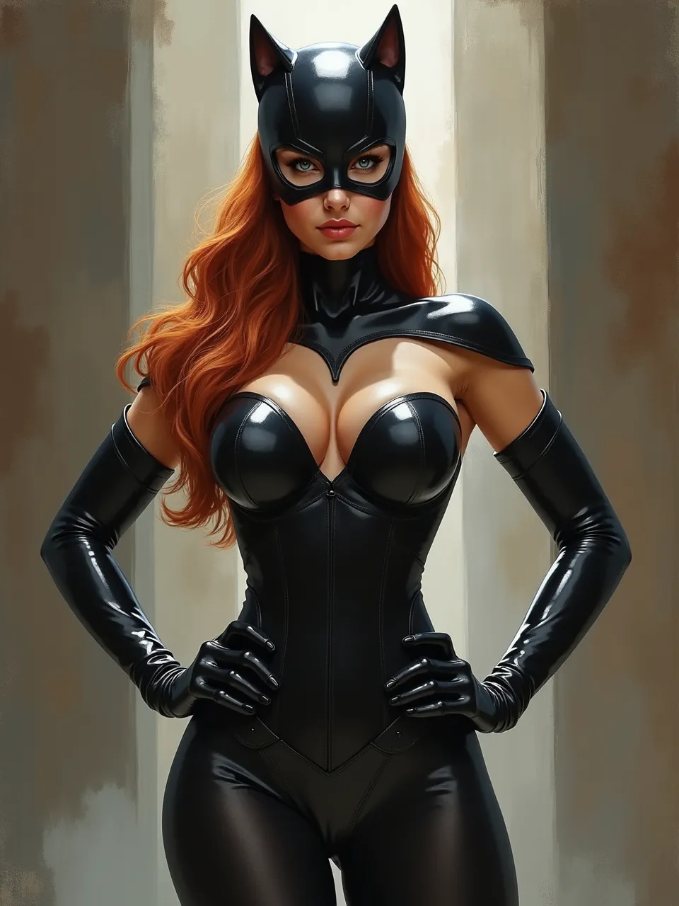 This stunning Mark Arian style Catwoman digital oil painting features dramatic lighting, accentuating glossy leather textures and vibrant red hair. A realistic superheroine masterpiece.