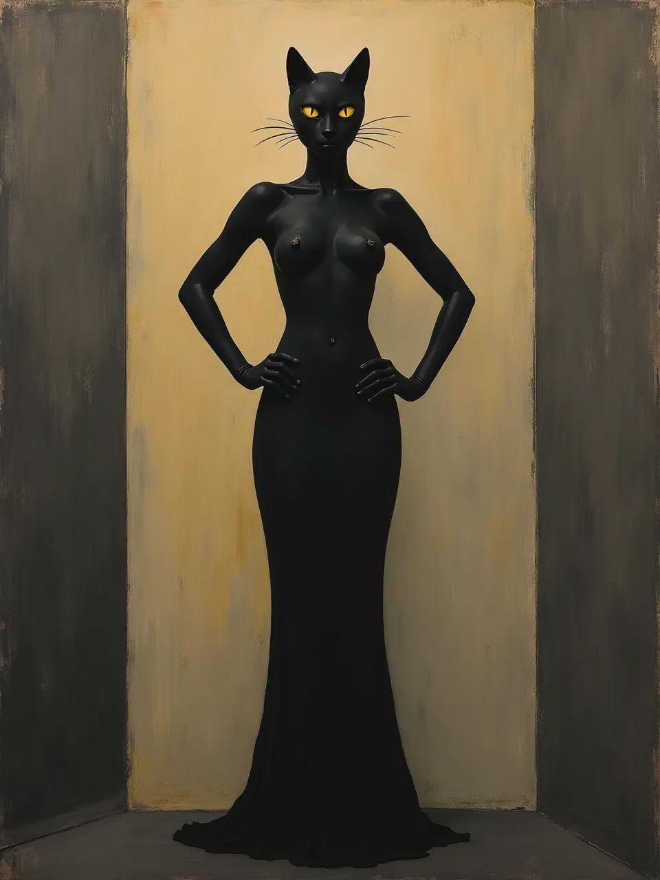 This captivating Mark Rothko style Catwoman painting; a minimalist abstract oil on canvas. Diffused lighting accentuates smooth black textures against textured color fields, captivating viewers.