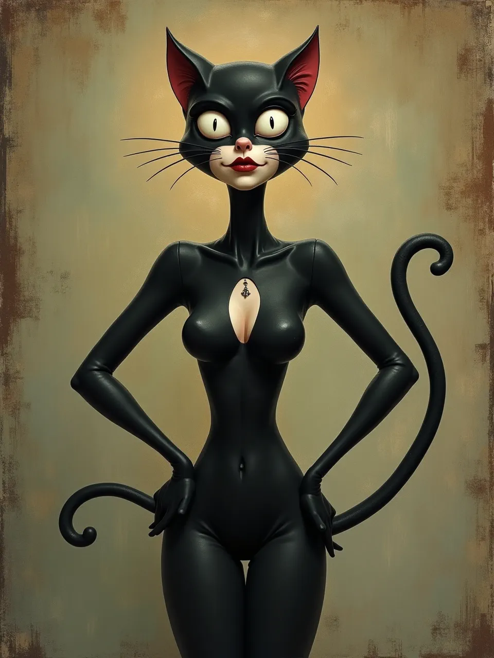 Mark Ryden's Catwoman, a striking AI digital painting, boasts precise lighting highlighting glossy latex textures. This pop surrealism piece embodies his unsettlingly smooth aesthetic.