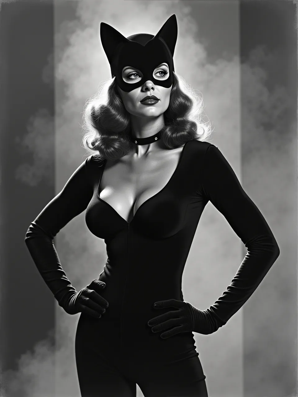 This AI Catwoman generation, rendered in Marsden Hartley's style, boasts dramatic chiaroscuro lighting and rich, painterly textures, creating a compelling digital artwork.