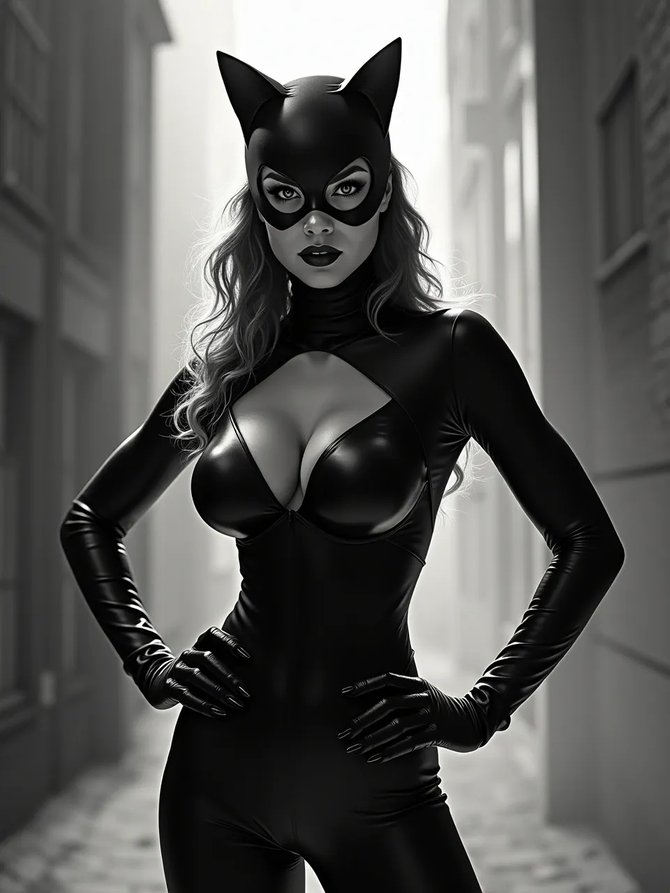 This Flux AI generation captures Catwoman's sleek, glossy leather textures with dramatic, high-contrast lighting, emulating Martin Ansin's distinctive poster art illustration style in monochrome.