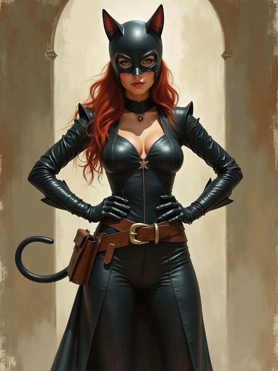This Catwoman generation, styled like Martin Grelle's oil painting, masterfully employs dramatic lighting and rich leather textures, capturing an iconic anti-heroine's essence.