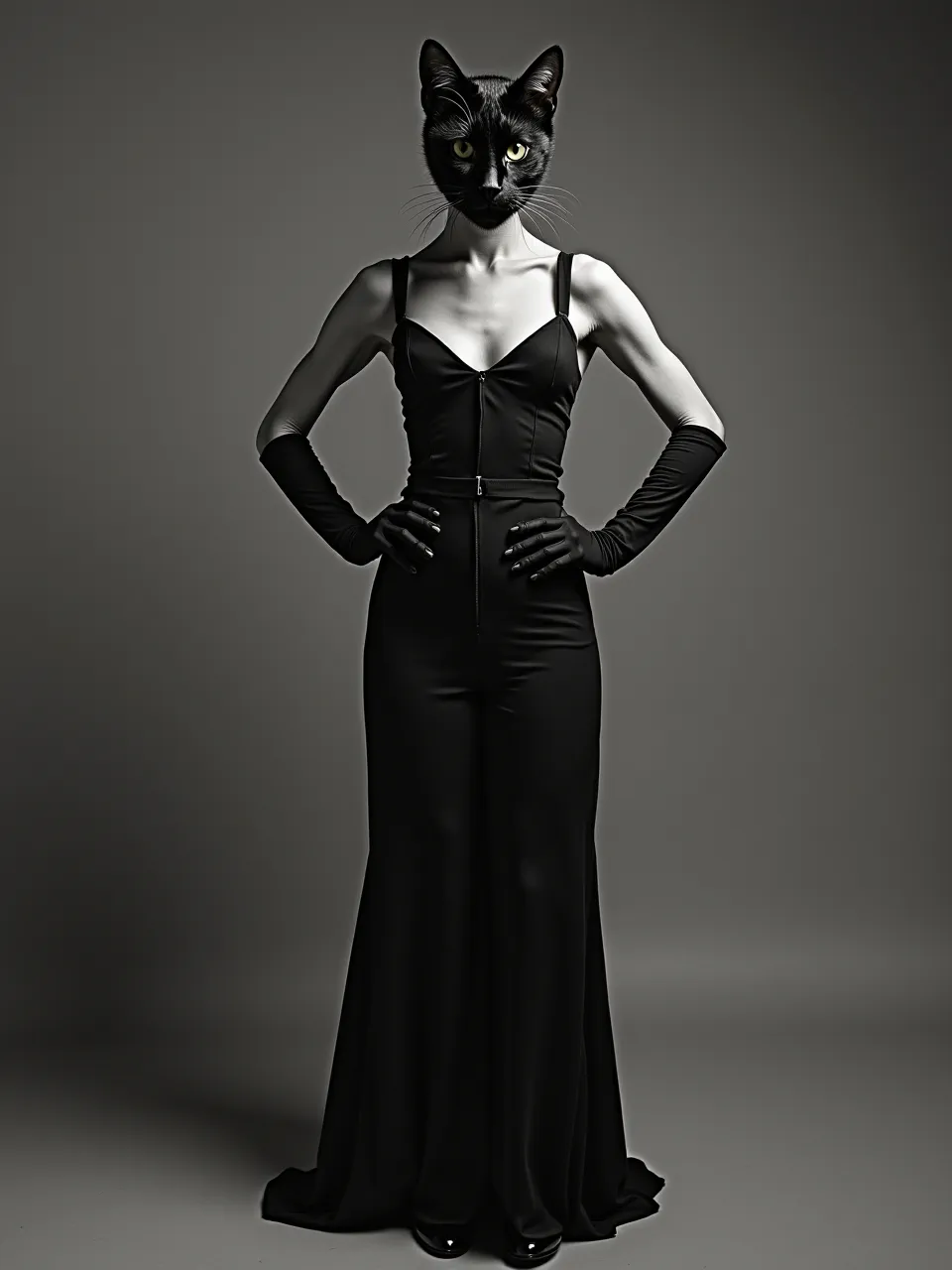 This striking Catwoman portrait captures Martin Schoeller's iconic studio lighting, highlighting sleek fabric textures and fur in an AI-generated photographic style. Powerful, dramatic.