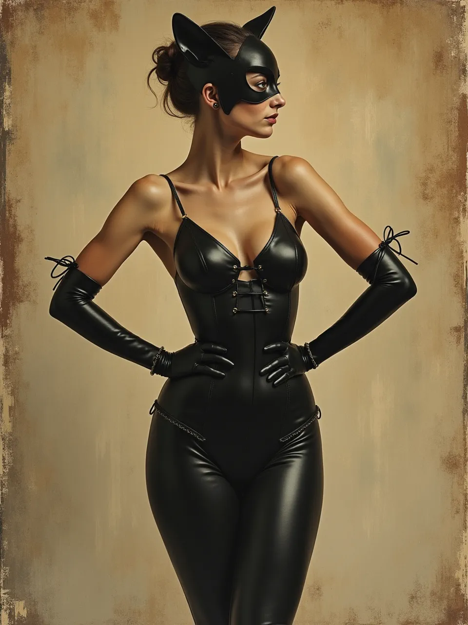 This Catwoman by Flux AI merges Martin Schongauer's engraving aesthetic with dramatic lighting. Glossy leather textures appear in this digital masterpiece, echoing classical printmaking precision.