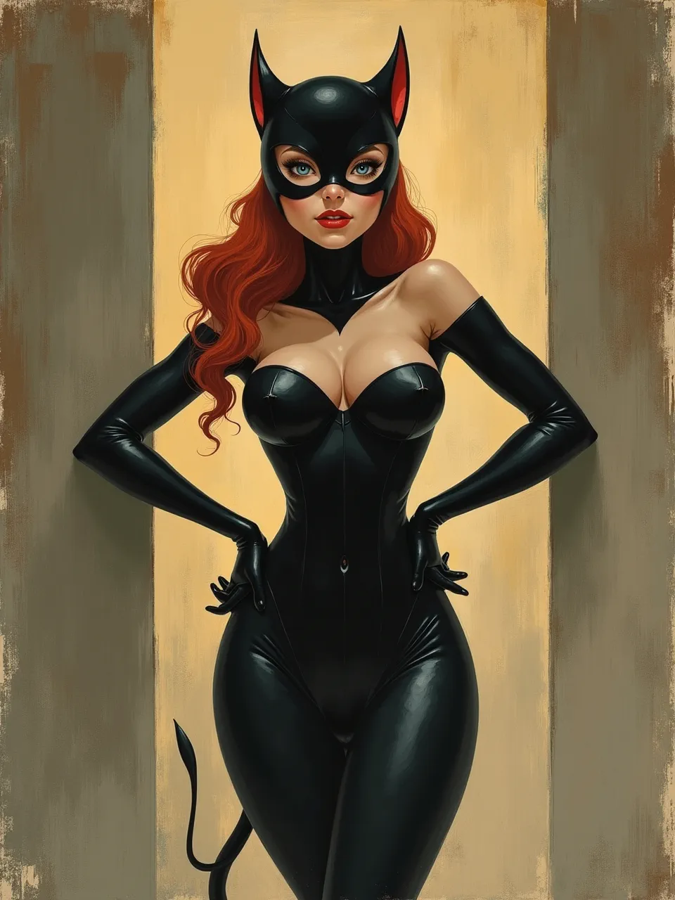 This Flux AI generation presents a dynamic Catwoman in the Martiros Saryan style. The evocative oil painting features dramatic lighting and rich, painterly textures, capturing the iconic character vibrantly.