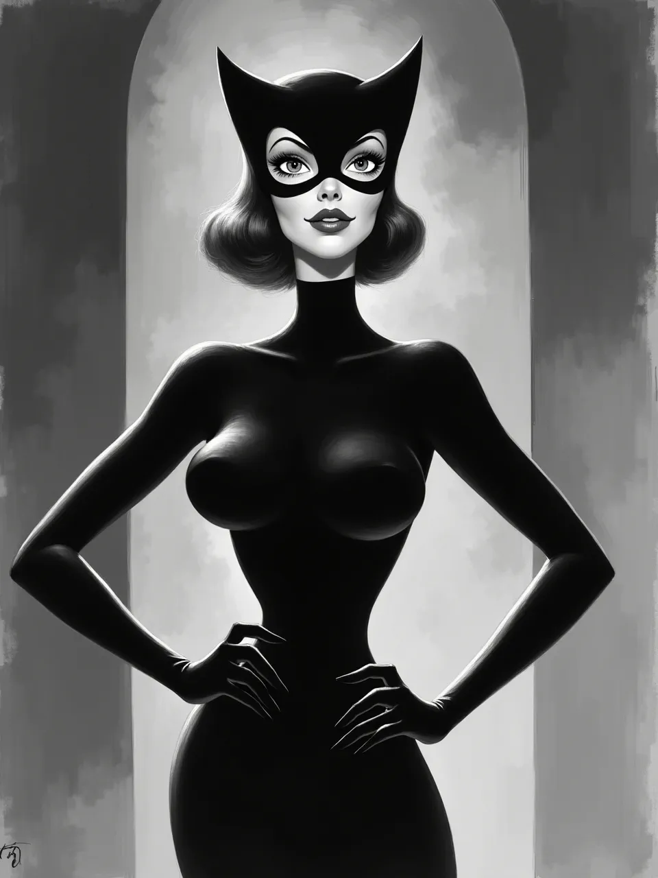 This Catwoman digital art, echoing Mary Blair's style, showcases dramatic lighting on sleek textures. Grayscale tones, achieved through precise digital brushwork, create a stunning, iconic illustration.