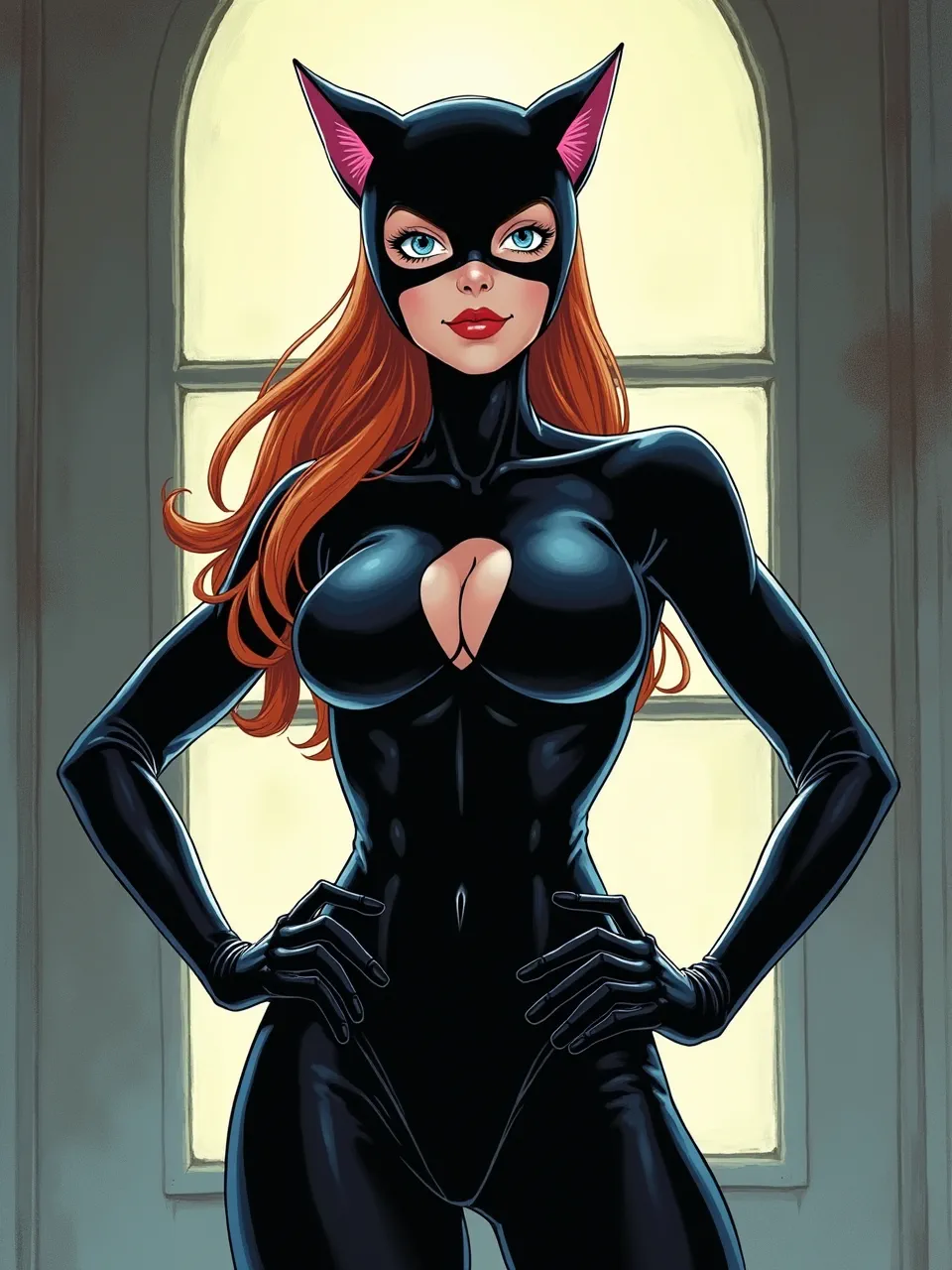 This vibrant Catwoman digital illustration, in Masamune Shirow style, shines with dramatic backlighting. Glossy latex textures and crisp linework create an iconic, powerfully rendered anime aesthetic.