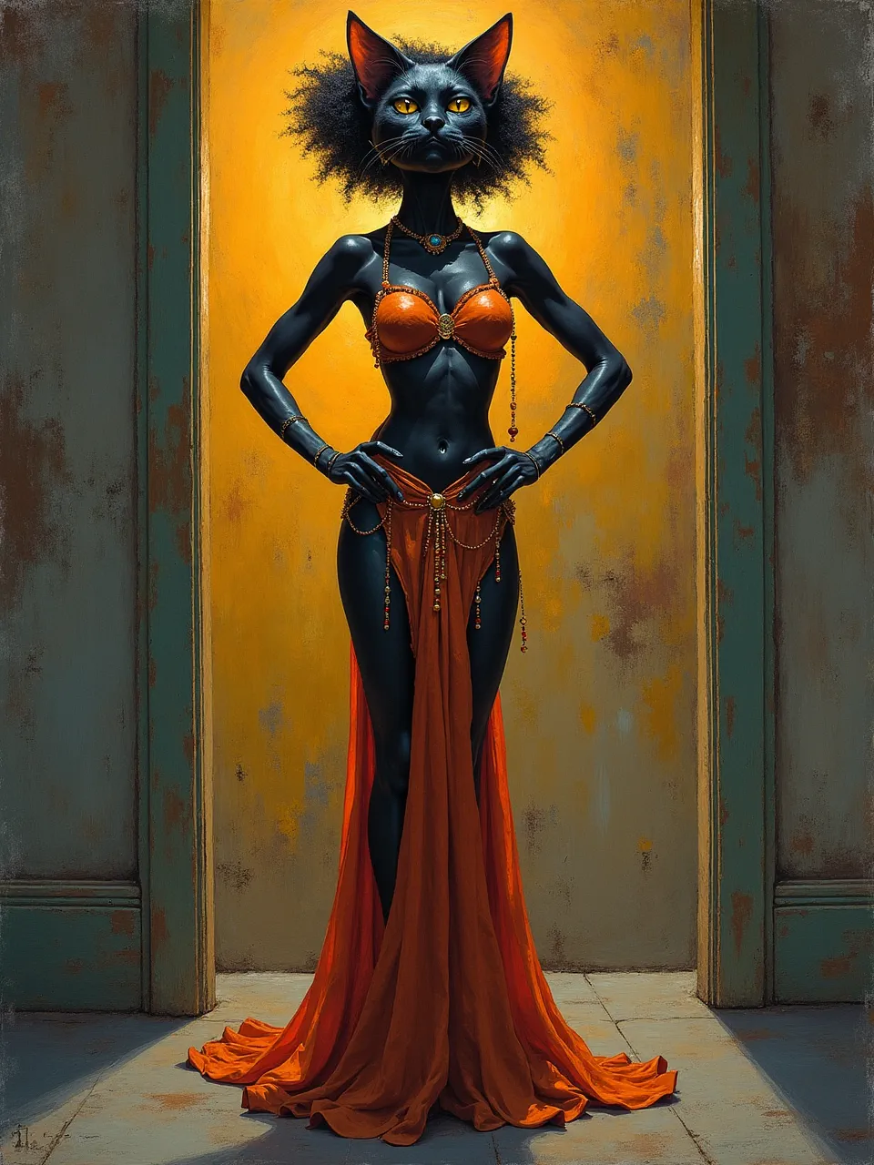 This stunning Flux AI artwork, in the style of Mati Klarwein, reinterprets Catwoman. Dramatic lighting accentuates glossy black textures and flowing orange fabrics within this vibrant, surreal digital painting.