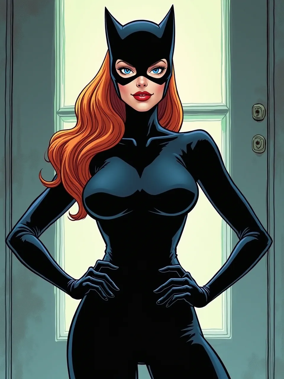 Vibrant Catwoman digital art in Matt Bors' distinct comic book style, featuring glossy suit textures, dramatic backlighting, and bold outlines. A striking superhero illustration.