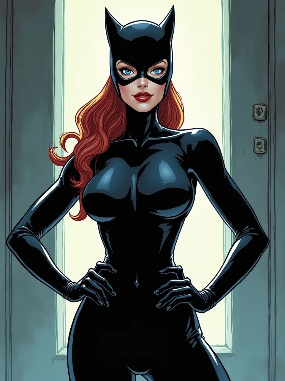 This Matt Fraction-inspired Catwoman digital illustration features dramatic backlighting, highlighting the glossy textures of her iconic suit. Vibrant comic art captures her formidable presence with striking illumination.