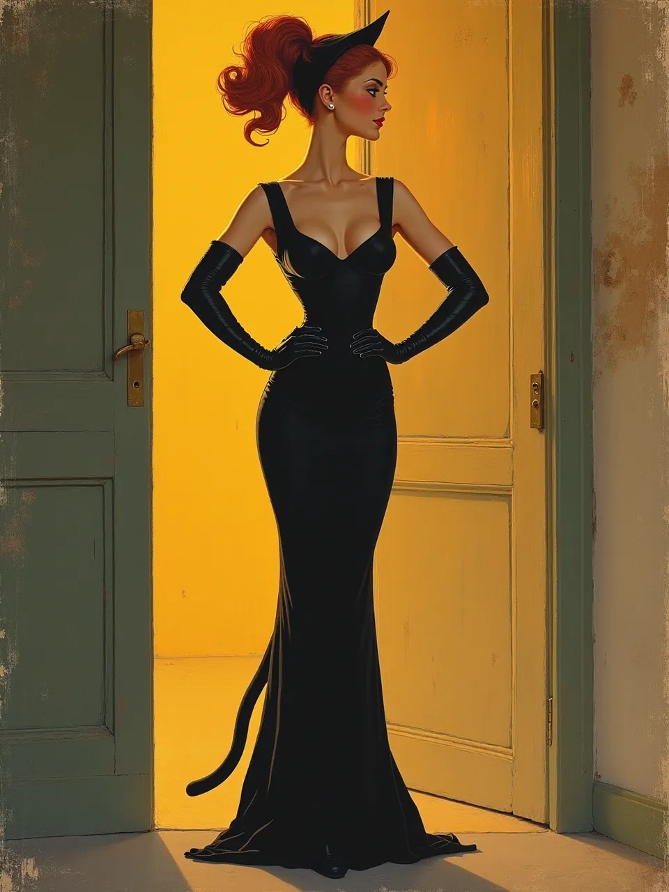 This striking Flux AI image reinterprets Catwoman in Maurice Denis's luminous style. Dramatic golden backlighting and luxurious smooth textures define this exquisite digital painting, highlighting her elegant black gown's glow.