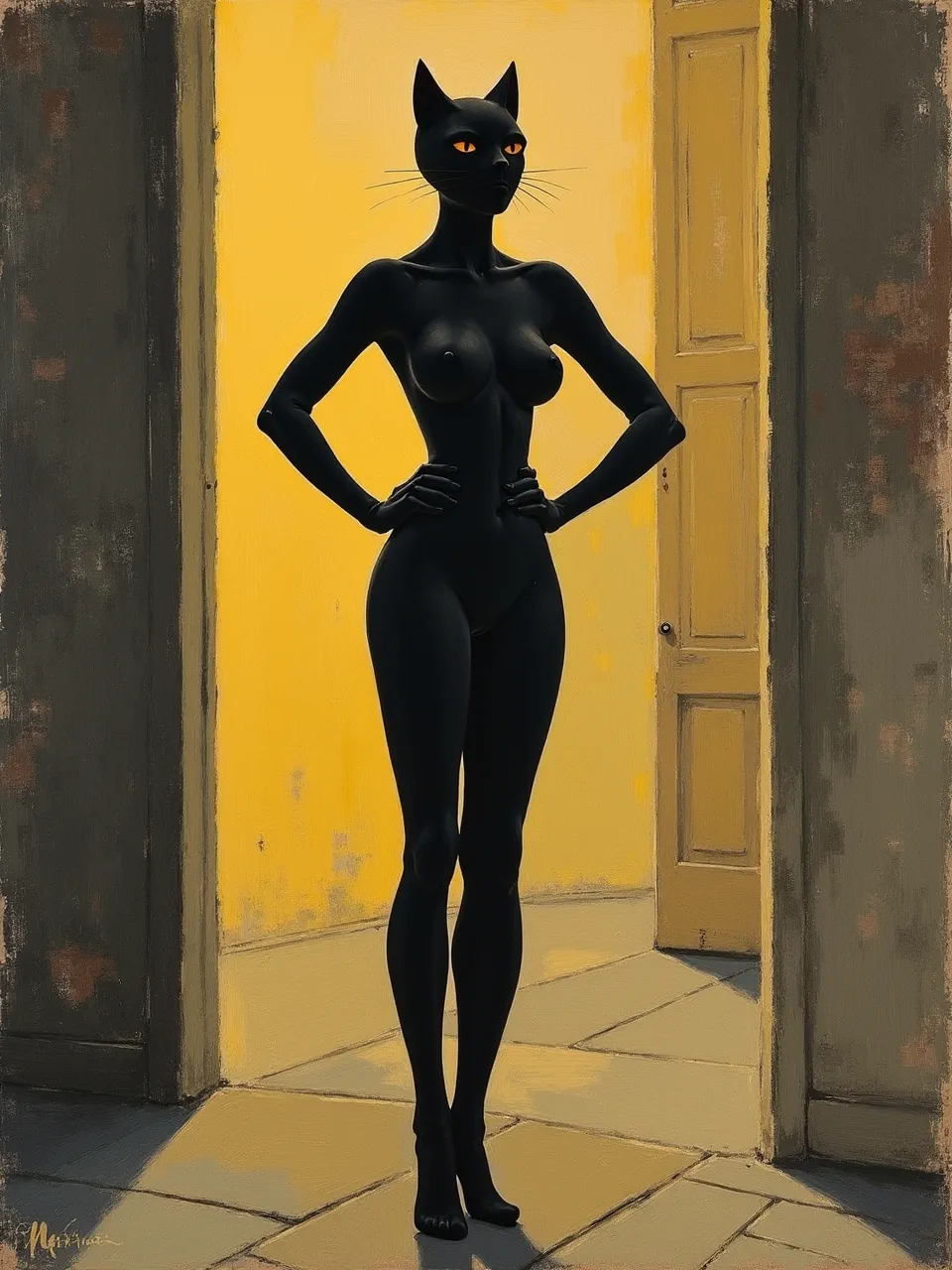 This Max Ernst-inspired Catwoman surrealist oil painting features dramatic lighting illuminating a sleek, textured figure against brush-stroked walls, creating an enigmatic artistic masterpiece.