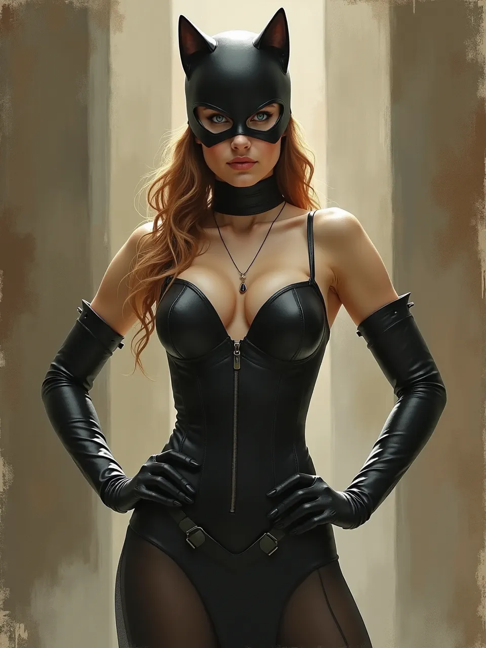 This Catwoman generation, in Maximilian Pirner's style, showcases dramatic lighting on lustrous leather textures, meticulously rendered as a classical oil painting; AI-enhanced imagery.