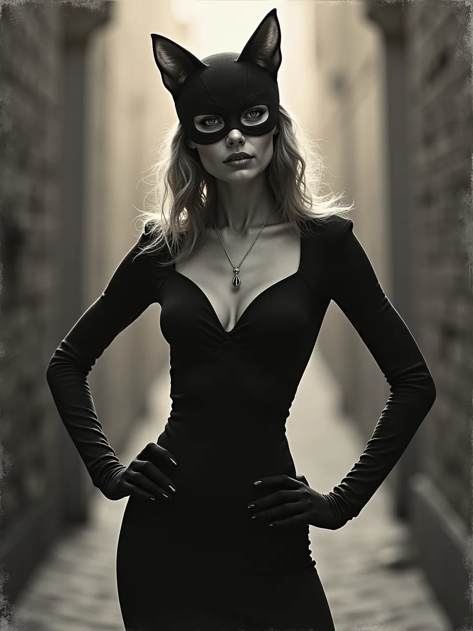 Maximilien Luce's style illuminates a striking Catwoman with dramatic lighting. Gritty textures and a compelling monochrome illustrative medium define this powerful AI generation.