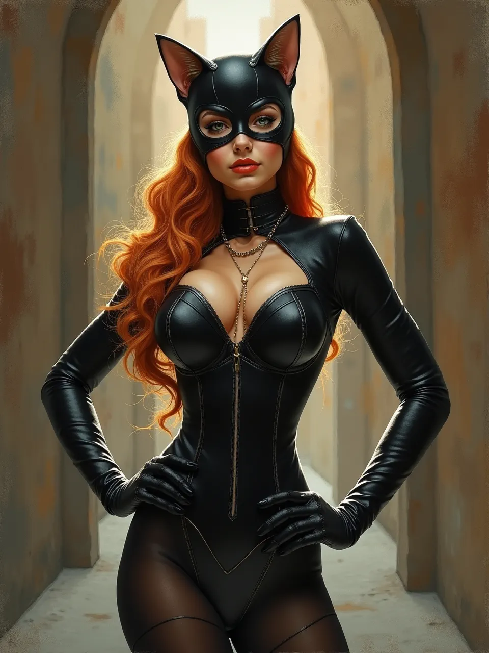 This striking Catwoman digital art, masterfully rendered in the Michael Cheval style, features dramatic lighting illuminating realistic leather textures and vibrant hair—an exquisite AI-generated painting.