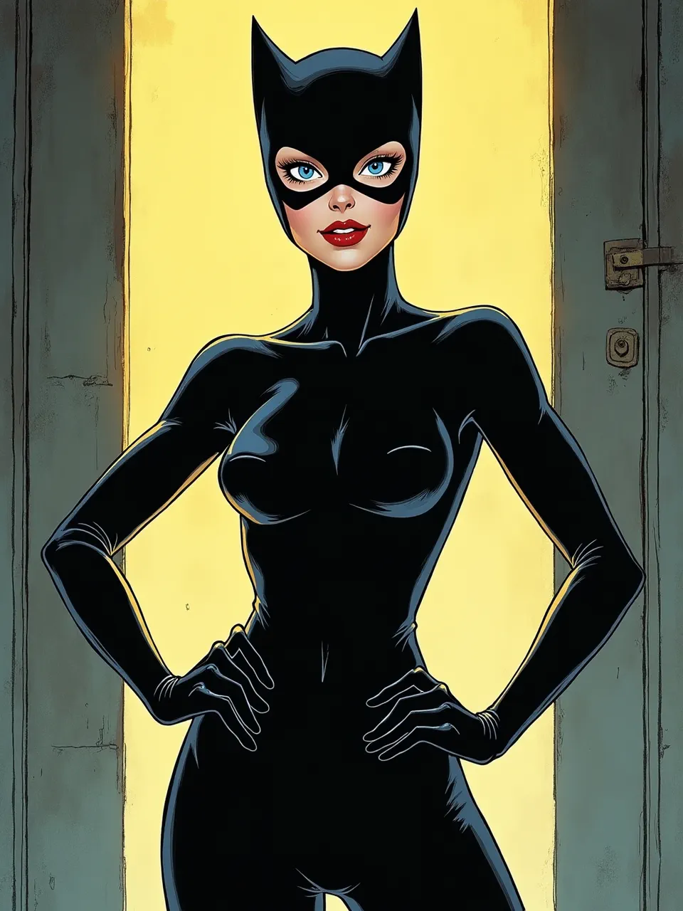 Dramatic backlighting defines this Catwoman digital art. Featuring glossy textures and bold comic lines, it encapsulates a vibrant Michael DeForge artistic style.