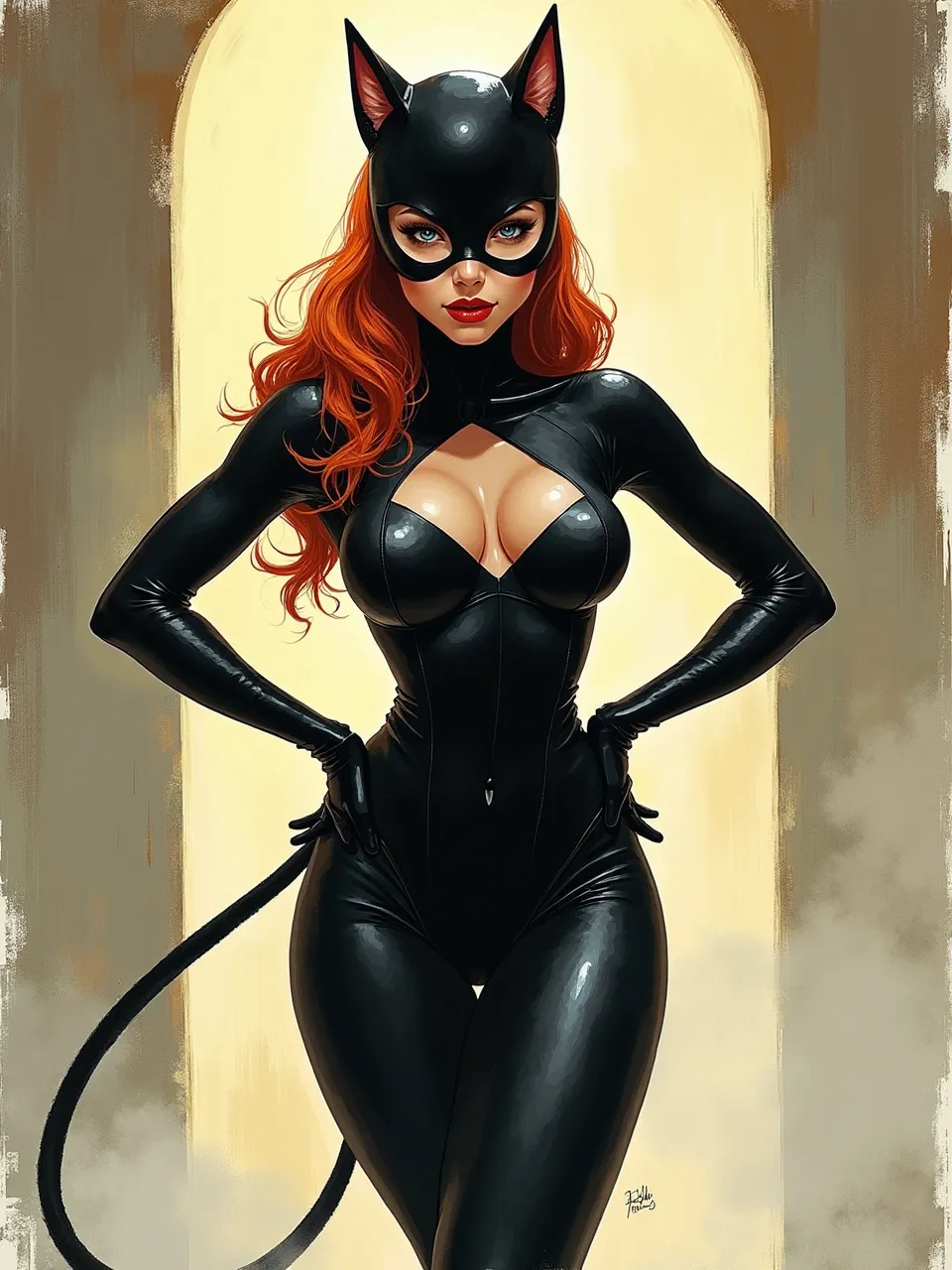 This Flux AI Catwoman generation, inspired by Michael William Kaluta's style, showcases dramatic backlighting, illuminating the glossy suit textures and vibrant red hair in a stunning digital painting masterpiece.