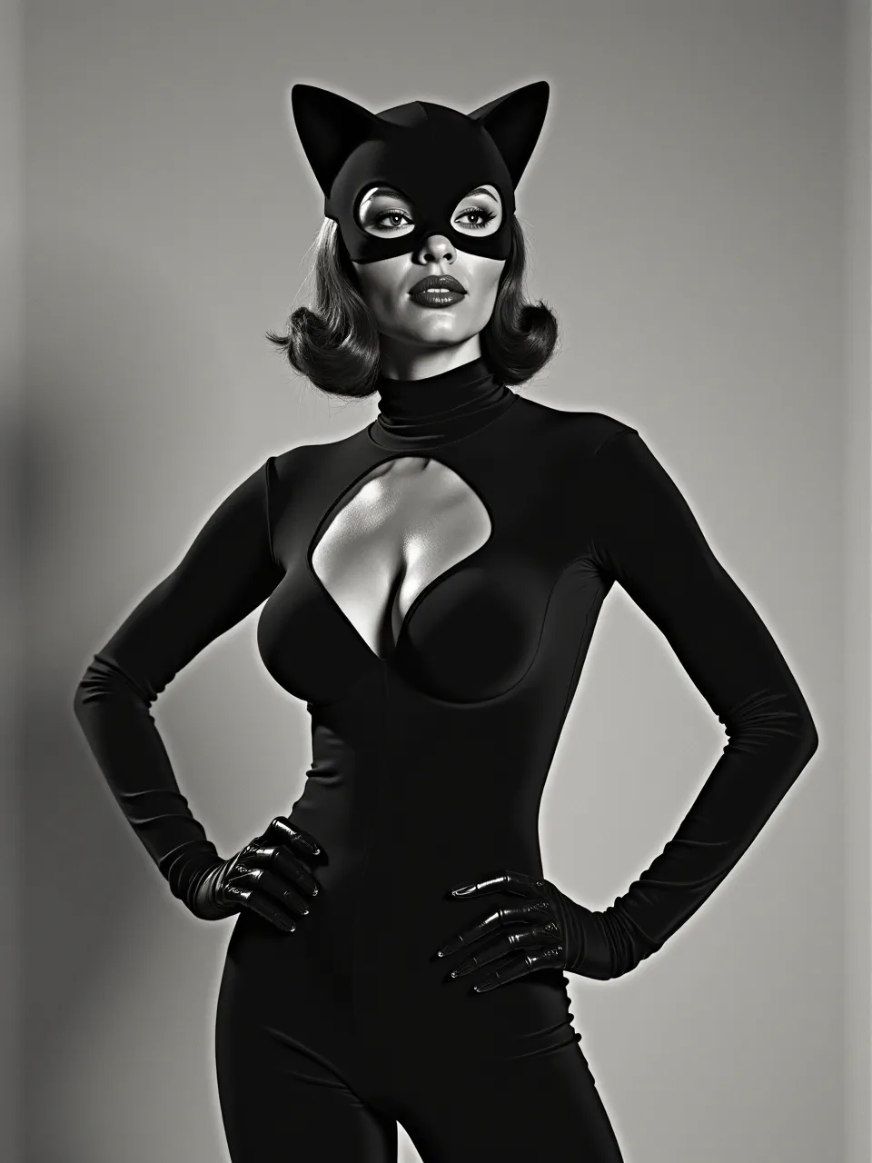 This Flux AI Catwoman portrait, inspired by Mickalene Thomas's boldness, features dramatic lighting, sleek contrasting textures, and a glamorous black-and-white digital art medium.