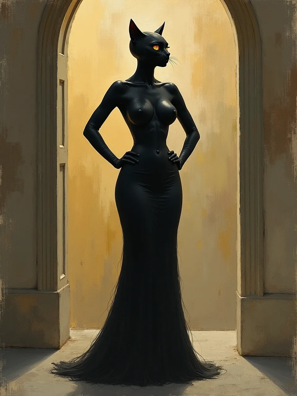 This Flux AI art reimagines Catwoman through Mikalojus Ciurlionis's lens. Stark lighting, sleek black textures, and a rich digital painting medium evoke ethereal mystique and striking form.