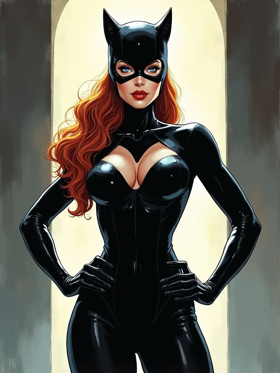 This stunning Flux AI generated Catwoman digital artwork, in Mike Deodato's iconic style, boasts dramatic backlighting illuminating glossy latex textures. This striking comic illustration captivates with intricate detail and vivid.