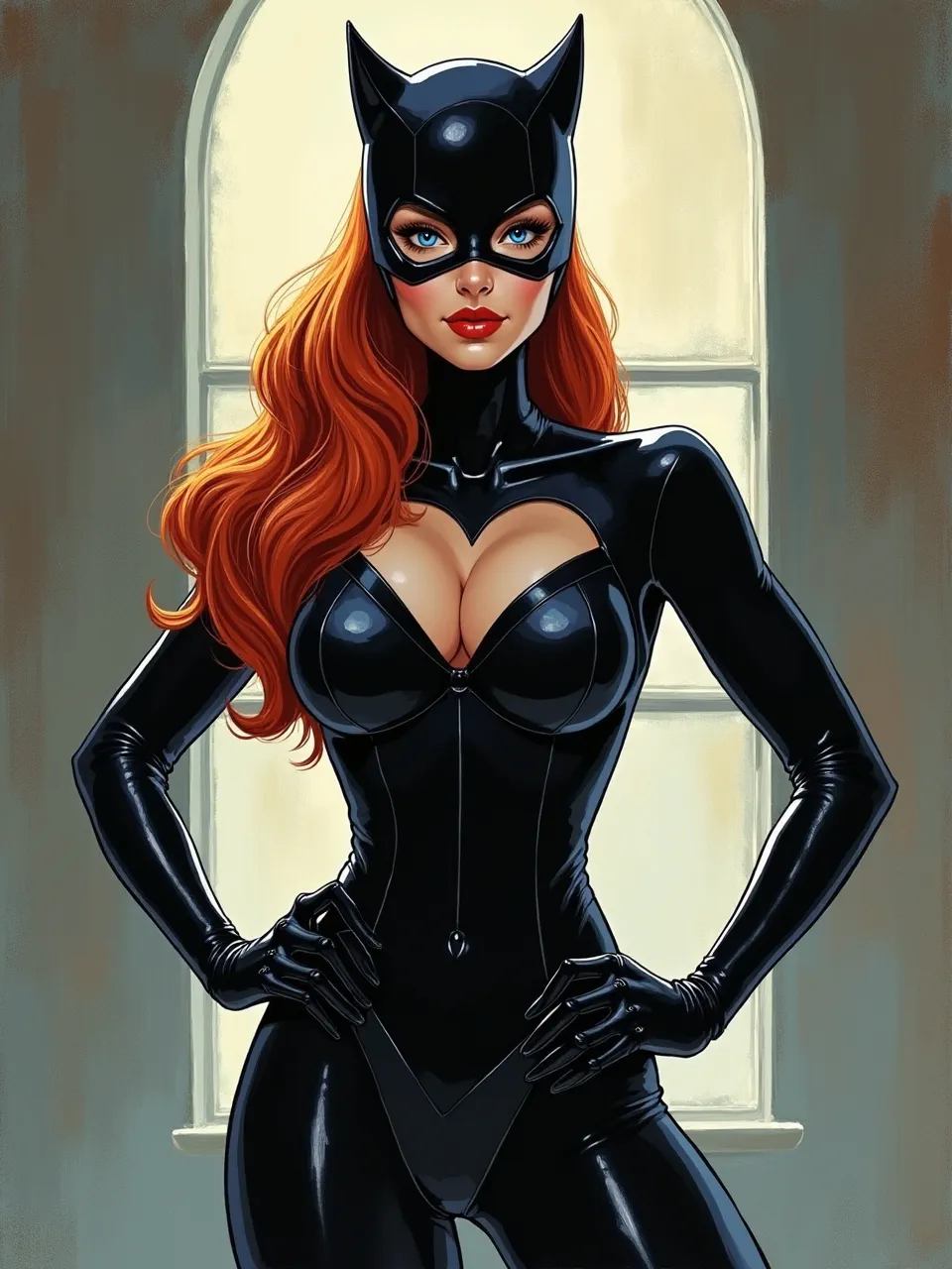 This Mike Mayhew-inspired Catwoman artwork features dramatic lighting illuminating glossy textures. A masterful digital illustration, showcasing vibrant rendering and the character's iconic allure.