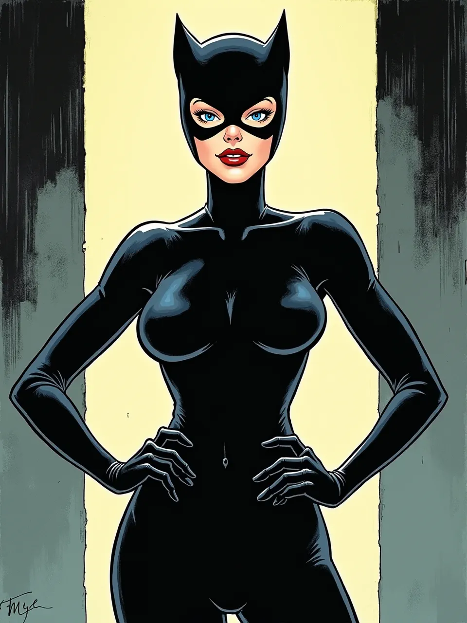 Experience Catwoman's allure through Mike Mignola's iconic style. Striking chiaroscuro lighting, glossy suit textures, and bold linework define this vibrant digital comic book illustration.