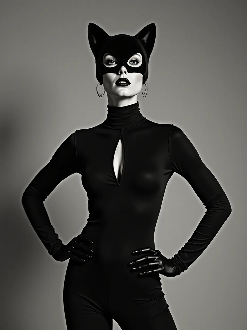 This striking Miles Aldridge-style Catwoman portrait features dramatic studio lighting, emphasizing sleek black textures and glowing skin. Monochromatic photography captures sharp contrasts, embodying high-fashion editorial intensity.