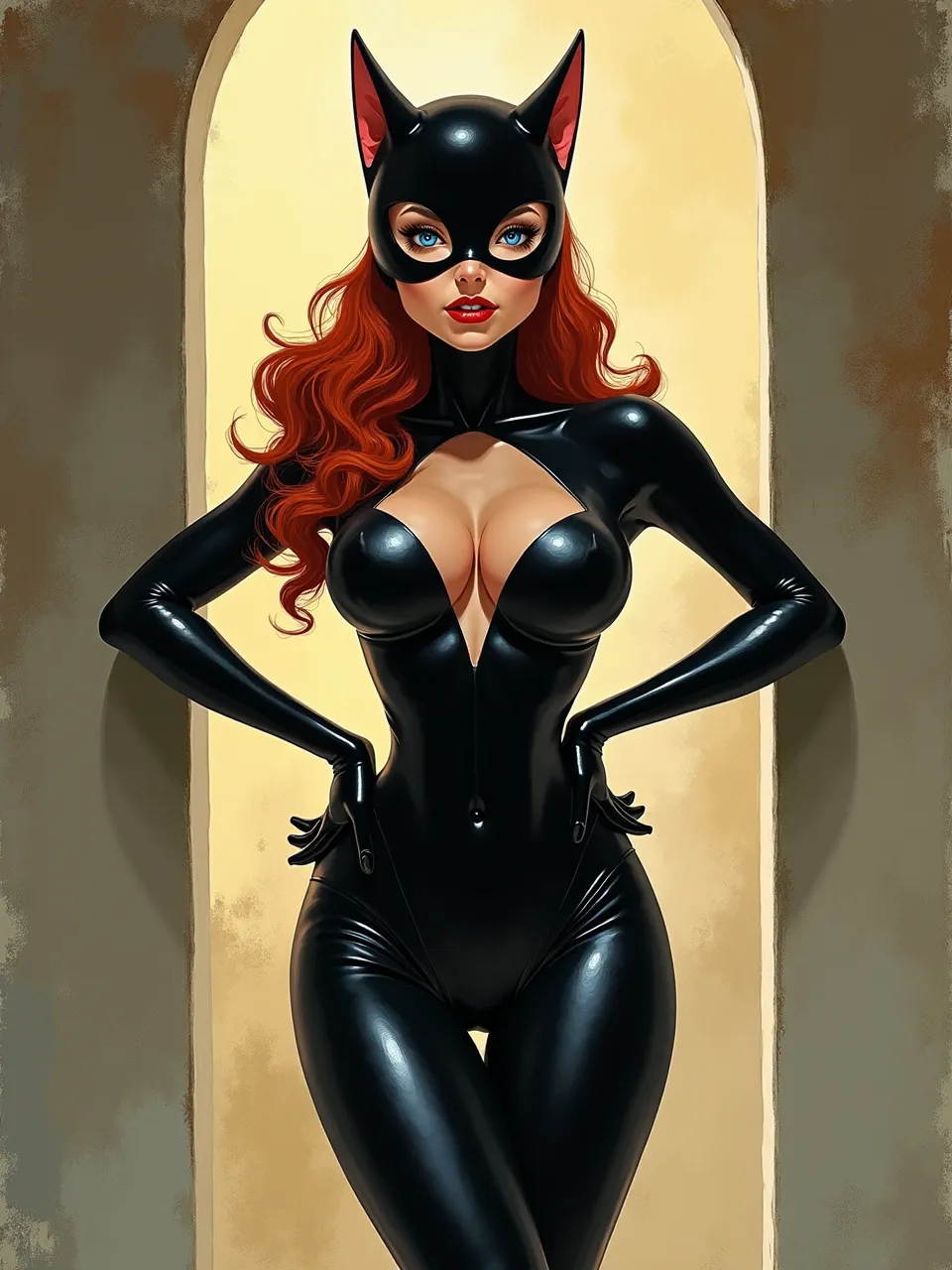 Experience Milo Manara's sensuous Catwoman in this digital illustration, showcasing dramatic lighting and luxurious glossy latex textures. Vivid comic art captures her iconic allure.