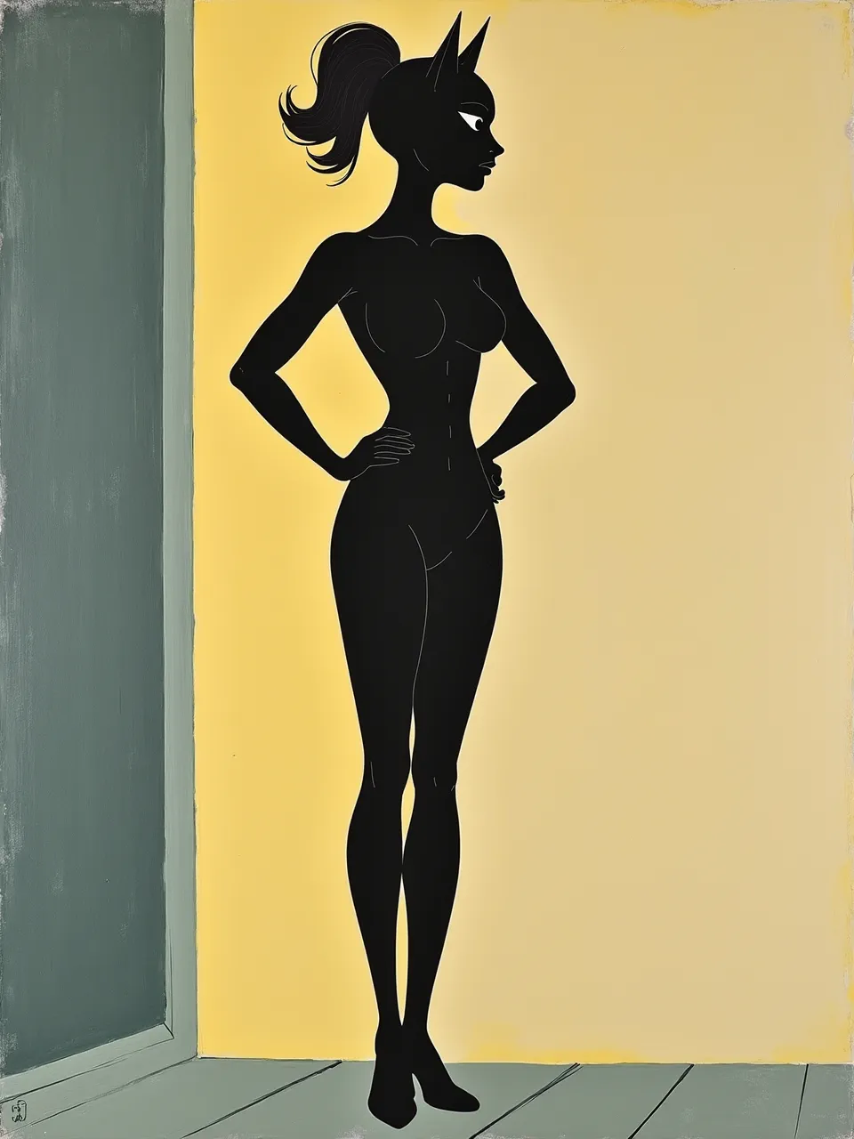 Milton Avery's Catwoman oil painting features dramatic backlighting, stark silhouette, and textured walls. Its minimalist forms emphasize simplified lighting and a unique painterly artistic medium.