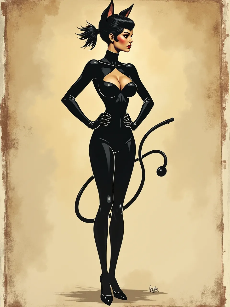 Flux AI's Catwoman, a striking Milton Caniff-style digital illustration, boasts dramatic lighting accentuating glossy textures, perfectly capturing vintage comic art's sleek, noir aesthetic.