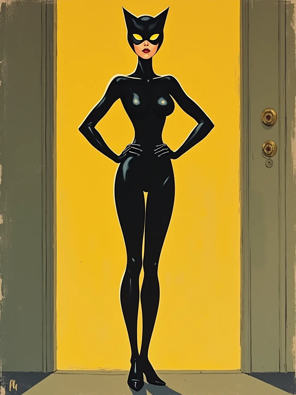 Milton Glaser's graphic Catwoman features bold, flat lighting, emphasizing glossy suit textures. The vibrant yellow digital illustration captures a striking vintage poster artistic medium.