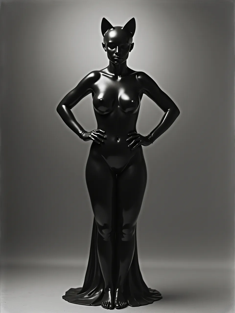 This Misha Gordin-style Catwoman, a stark digital sculpture, features dramatic lighting illuminating its glossy, reflective textures, evoking polished latex. This high-contrast artistic medium delivers powerful visual impact.